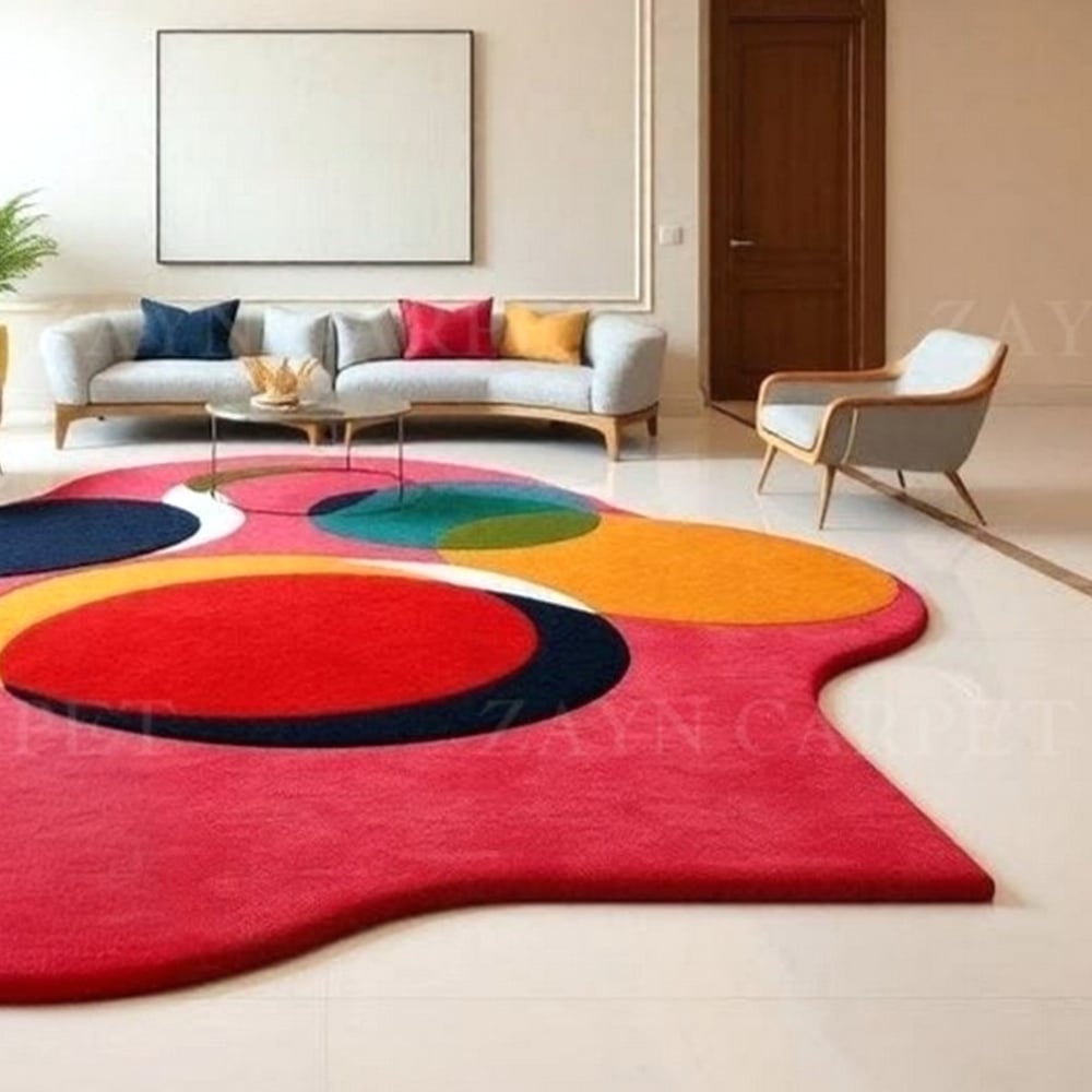 Handcrafted Red Circle Abstract Living Room Rug